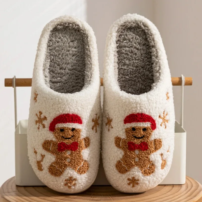 

Women Christmas Gingerbread Man Cute Winter Warm Slippers Exquisite Comfy Houseshoes Bedroom Soft Sole Home Shoes for Gift