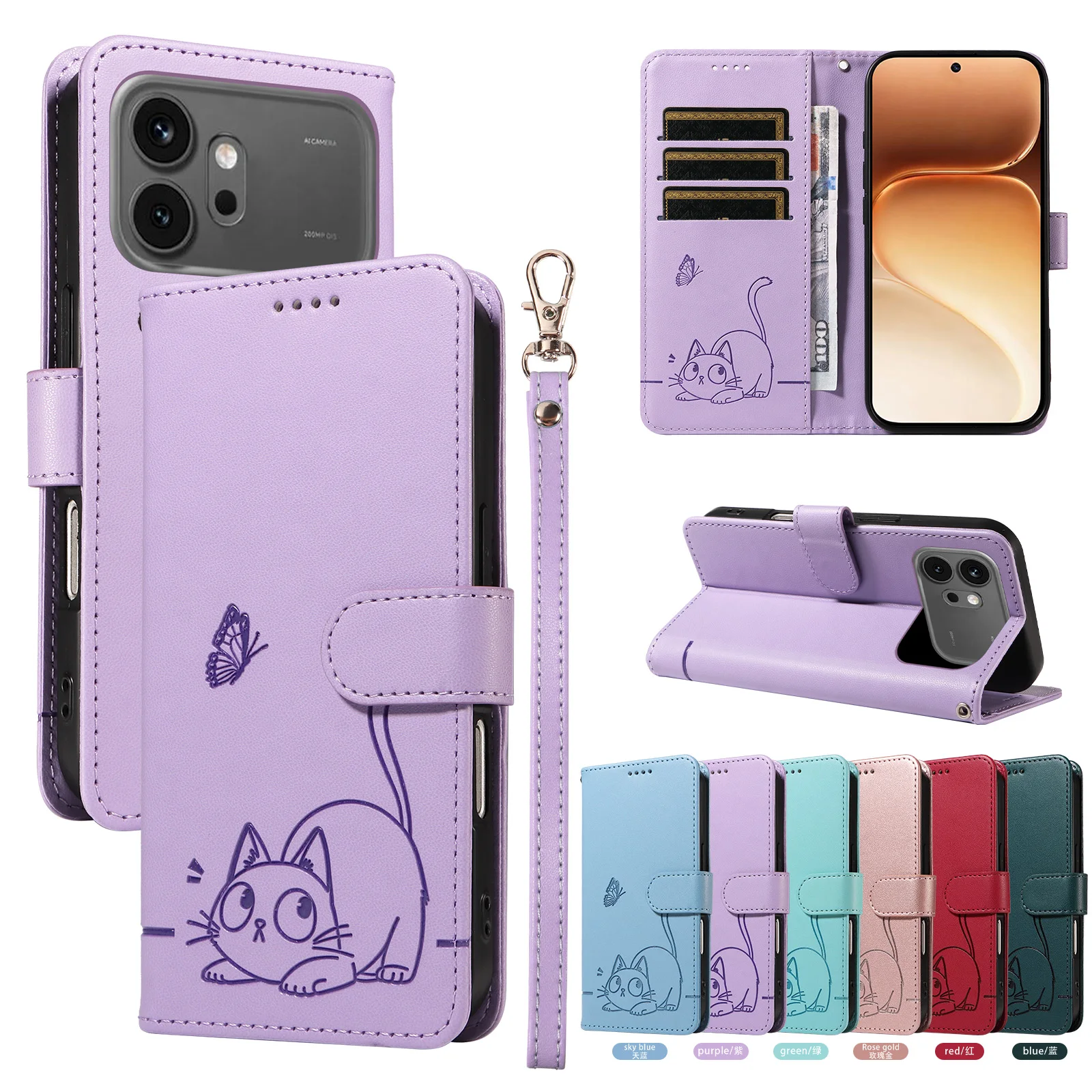 Leather Wallet Flip Case for Honor Magic 8 7 6 X5C X6D X6C X70 X8D X9C X9D 600 Pro Lite  | Cat & Butterfly Embossed Design