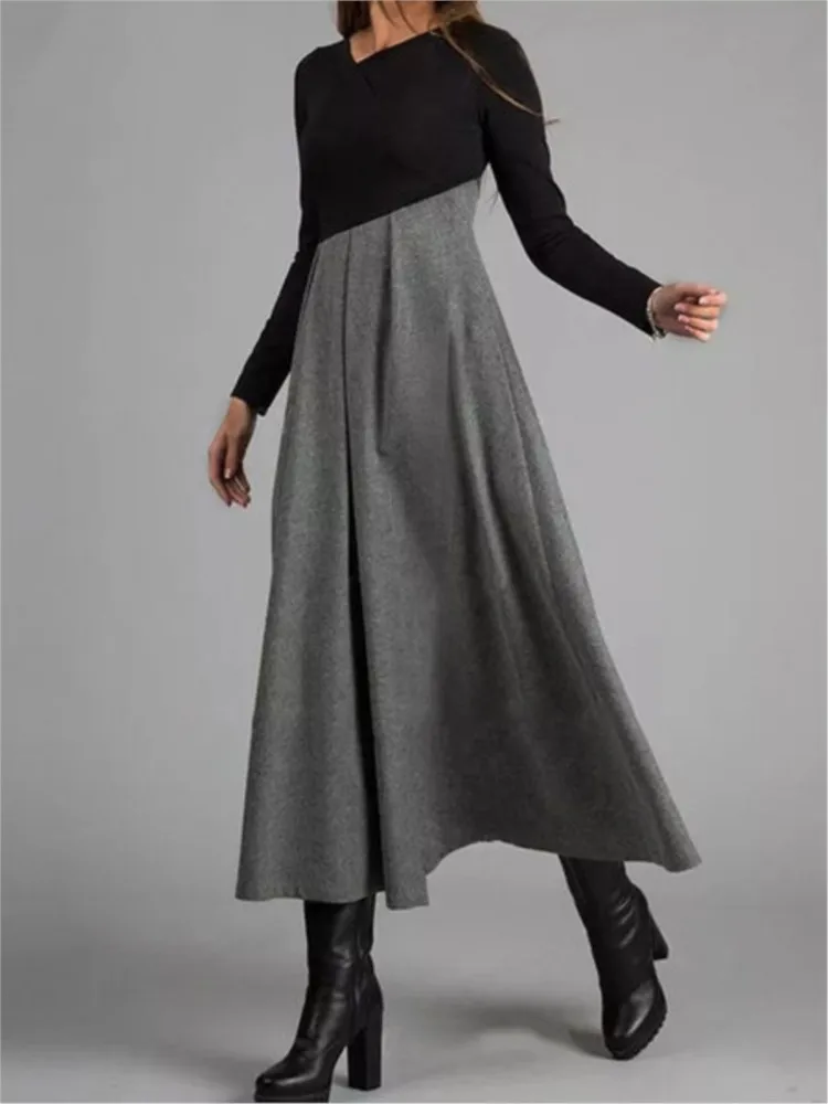 

Autumn Winter Contrasting Splicing Irregular Woolen Fabric Mid Waist Long Sleeved V-neck Dresses 2025 Women's Party Long Dress