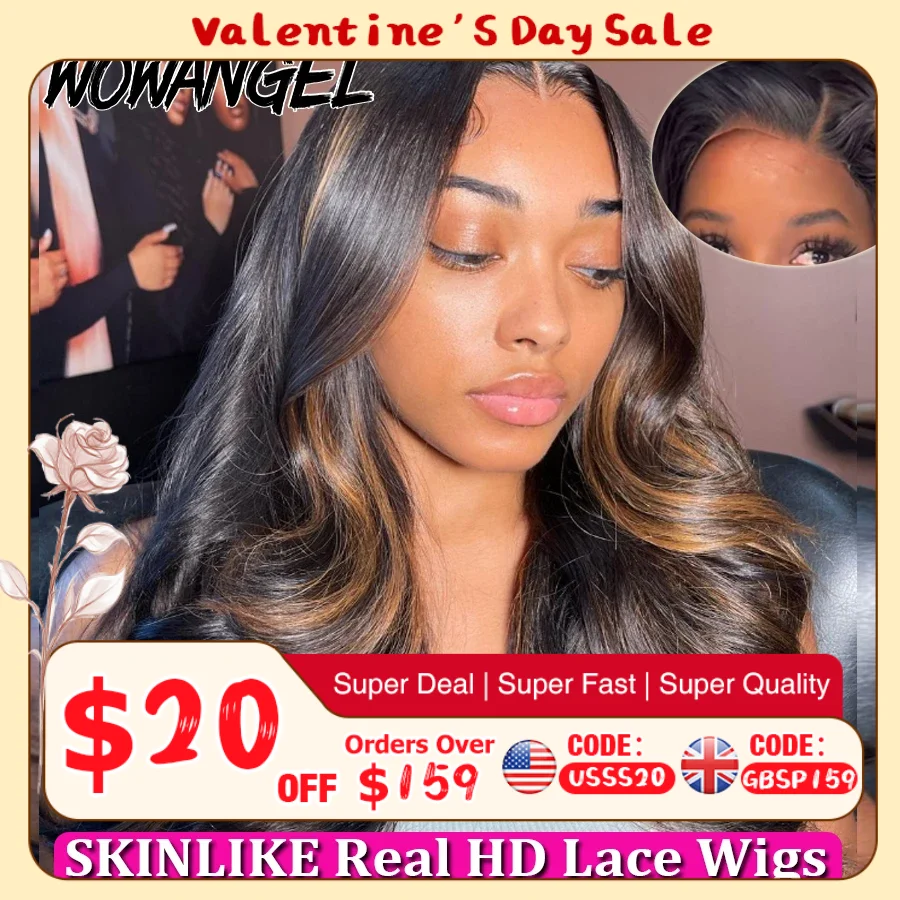 WOWANGEL Bye Bye Knots Wigs 1B30 Highlight HD Lace Closure Wig Body Wave Human Hair Wig Ready to Go Glueless Wig Bleached Knots