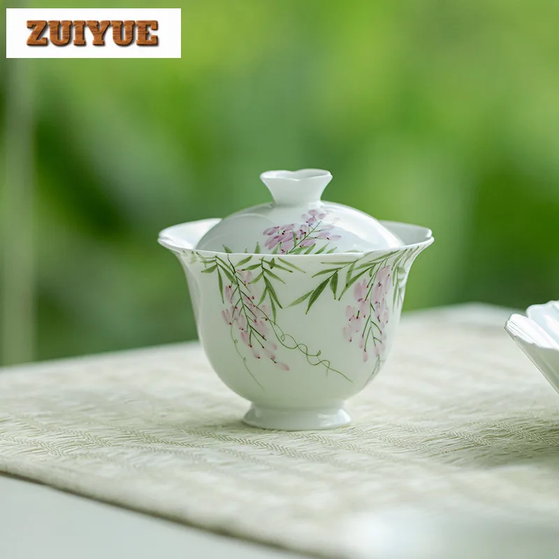 Hand-painted Wisteria Flower Gaiwan Luxury White Porcelain Tea Bowl Tea Tureen Household Tea Maker Cover Bowl Tea Items Craft