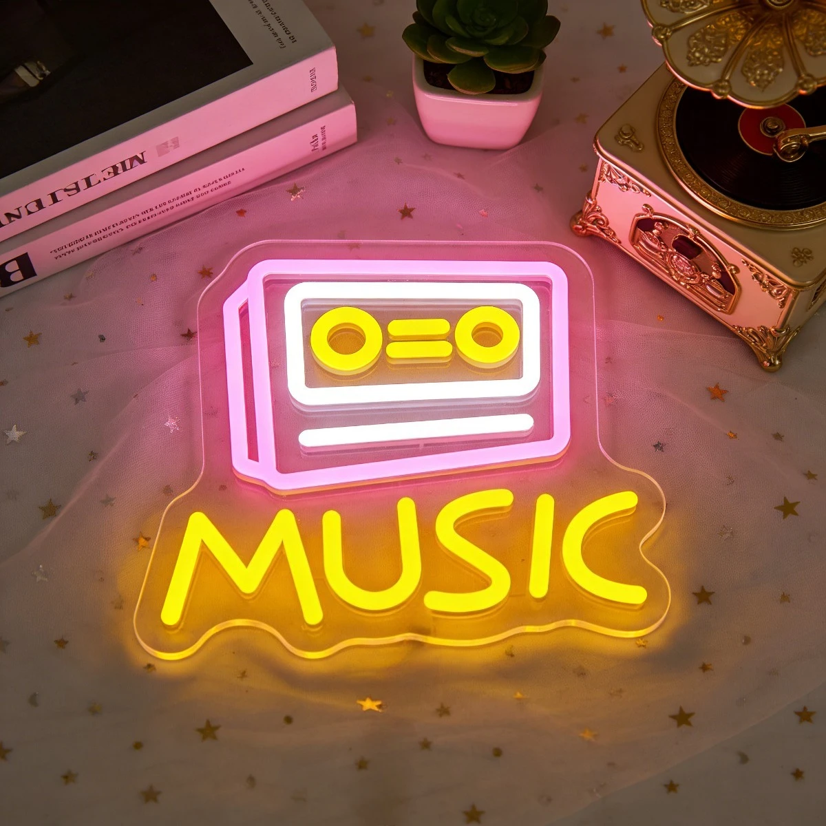 

Retro Music Cassette Neon Sign LED Wall Light Yellow Pink Glow for Bedroom Home Bar Party Decor Vintage Music Theme Gift