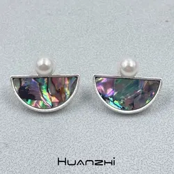 Vintage Geometry Semicircle Colorful Shell Pearl Silver Color Metal Earrings for Women Girl Retro Jewelry HUANZHI 2024 NEW INS