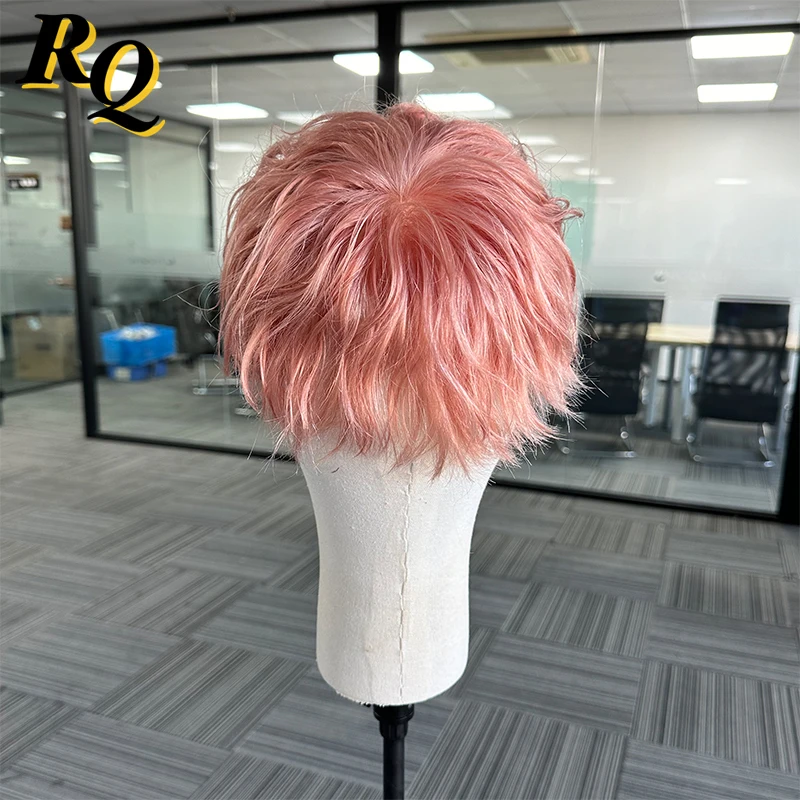 Pre Style Color Full Lace Base Toupee Pink Color Style Fashion Real Human Hair Male Wig Replacement Toupee Hair Prosthesis