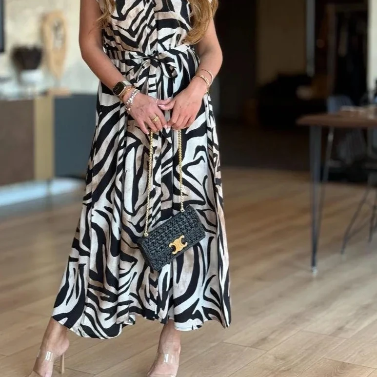 

2025 New Zebra Print V Neck Long Sleeve Waist Tying Long Gown Women Elegant Sexy Formal Dress Evening Wear Party Attire