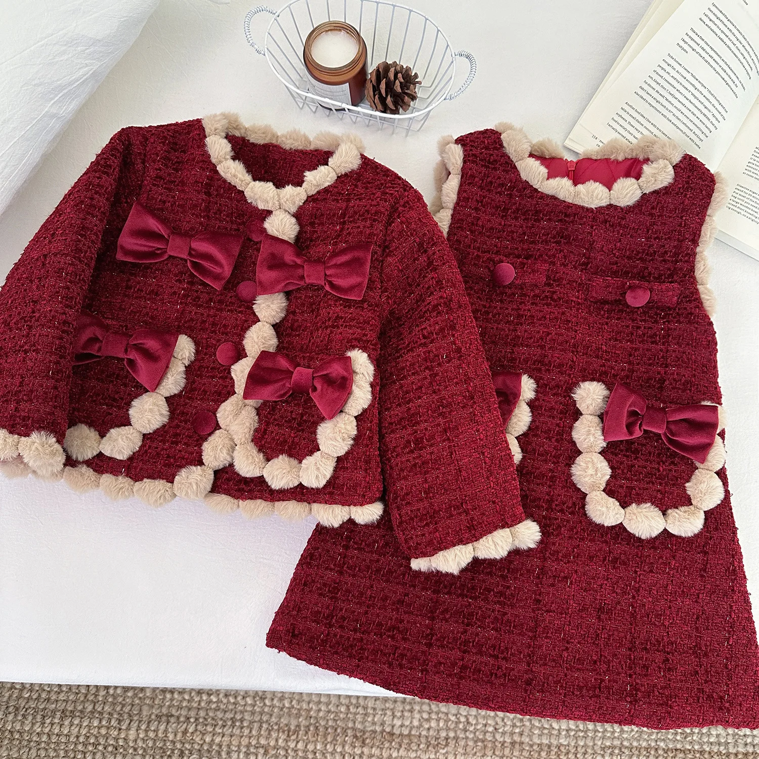 

Christmas Winter Girls Tweed Boutique Outfit New Year Children Red Thick Warm Jacket Sleeveless Dress Two Piece Set Kids Clothes