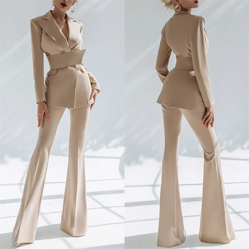 Costume 2 pièces pour femmes, Blazer avec ceinture et pantalon évasé, manteau Sexy à col en V, tenue formelle de bureau, robe de bal sur mesure