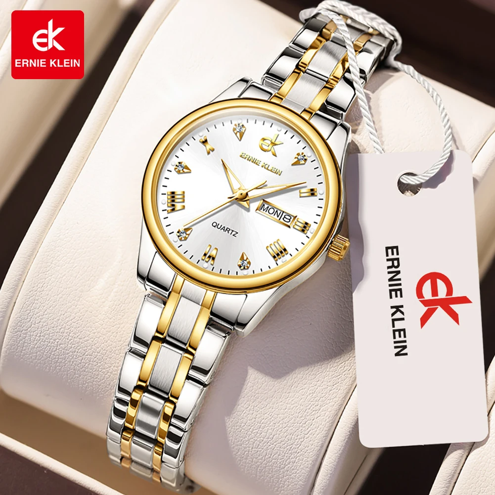 ERNIE KLEIN Women\'s Watches Luxury Brands Fashion Rhinestone Stainless Steel Dual Calendar Quartz Ladies Wristwatches Reloj Muje