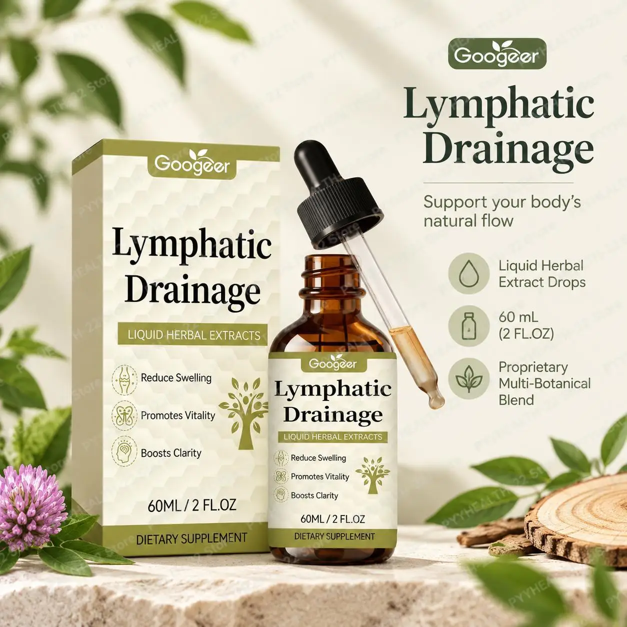 Lymphatic Drainage Herbal Liquid Drops, Multi‑Botanical Blend for Circulation Vitality & Mental Clarity Wellness Support, 60ml