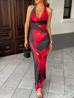 Maxivestidos para mujer, novedad de verano, ropa de calle a la moda, vestido de punto con cordones, vestidos rojos sexis con estampado femenino sin espalda y pecho bajo con cuello en V