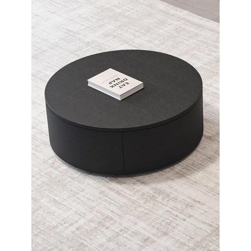 Modern simple black small apartment household living room coffee table minimalist round double drawer solid wood multi-layer cof