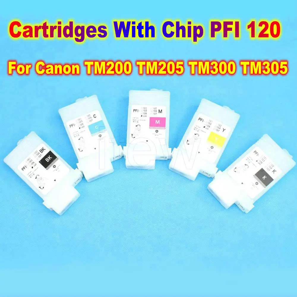 5 Colors TM200 Refillable Ink Cartridges With PFI 120 Permanent Chips For Canon TM205 TM300 TM305 200 300 Printer Cartridge Kit