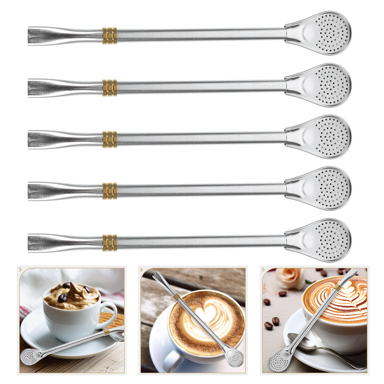 

5Pcs Stainless Steel Straw Spoon Filter Spoons Coffee Tea Tableware Stirring Mixing Hollow Design Bar Bistro Restaurant Home Use