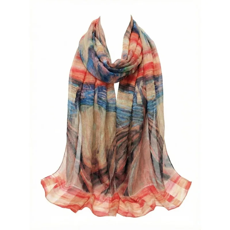 Lightweight 100%Mulberry Silk Chiffon Scarf for Women Oblong Shawl Neck Scarf Beach Wrap Headscarf Gift Pack Orange Oil Painting