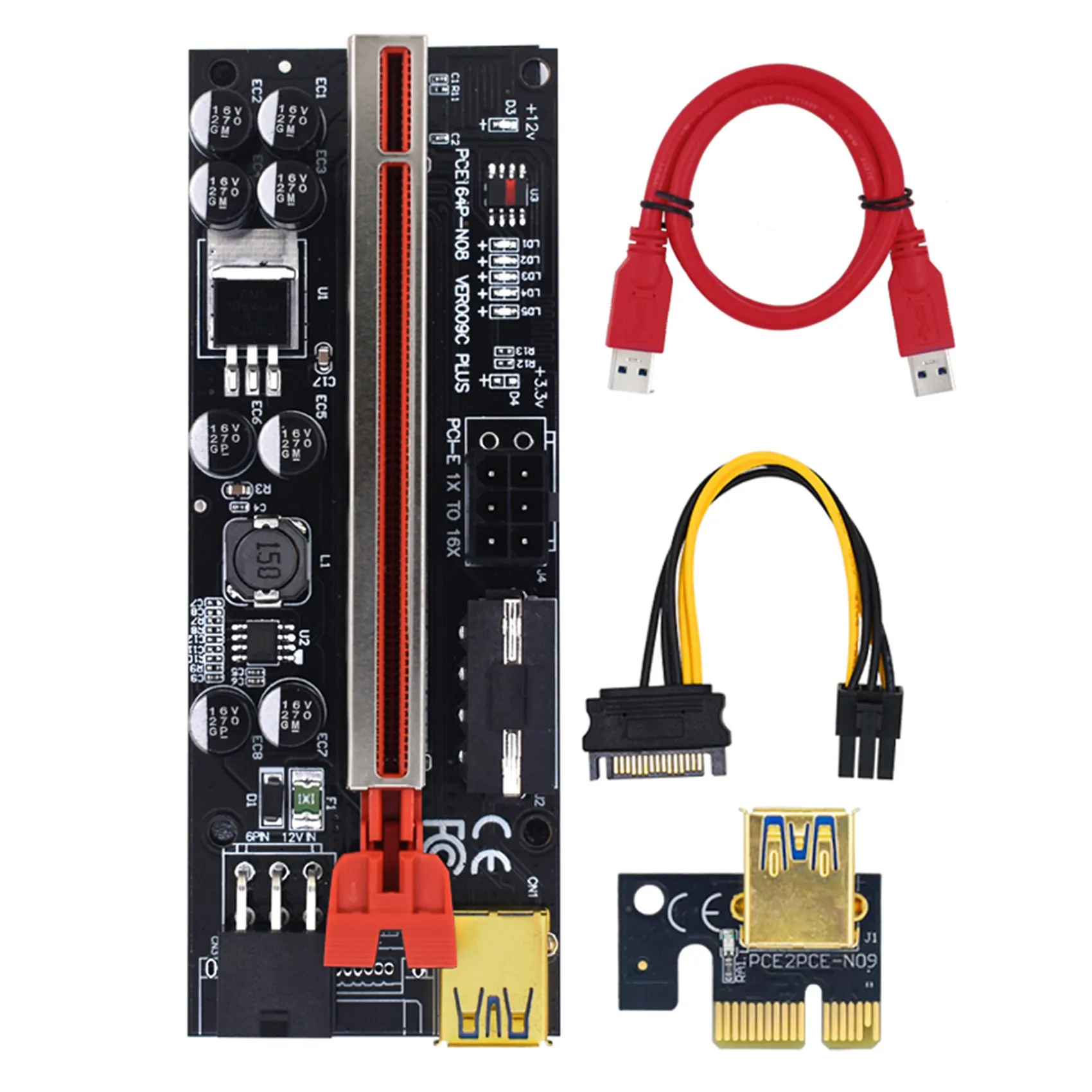 Riser 009C Plus PCI-E PCIE Riser for Video Card PCI Express Adapter Molex 6Pin SATA to USB 3.0 Cable X1 X16 (5Pack)