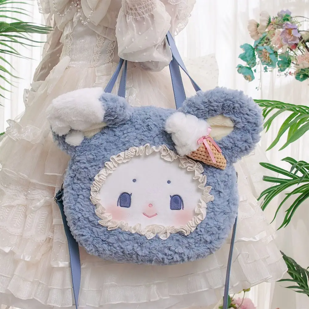 

JIAERDI Sweet Cute Cartoon Big Face Shoulder Bag Women Blue Plush Soft Large Capacity Crossbody Bag Ladies Lolita Lace Round Bag