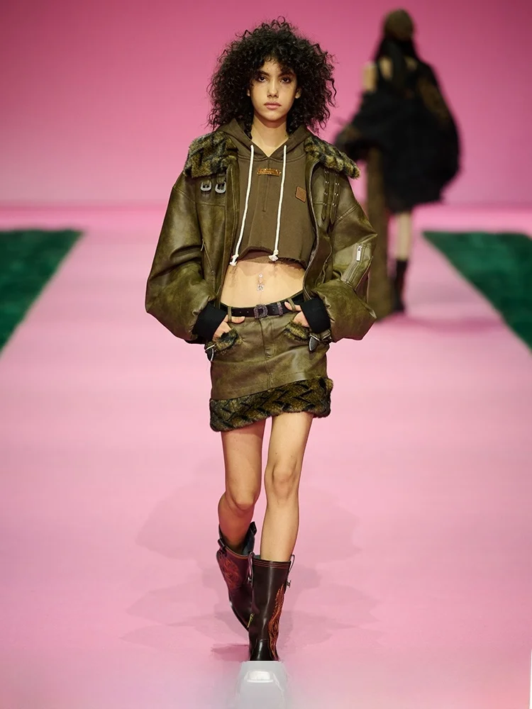 

DNT Корейский комплект из искусственной кожи с воротником из искусственного меха в стиле пэчворк Street Faion, осень-зима, новинка