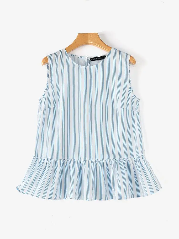 ZANZEA Women Sleeveless Striped Tank Tops Summer Pleated Ruffle Tanks Blouse 2024 Casual O-neck Camis 2024 Korean Fashion Vest