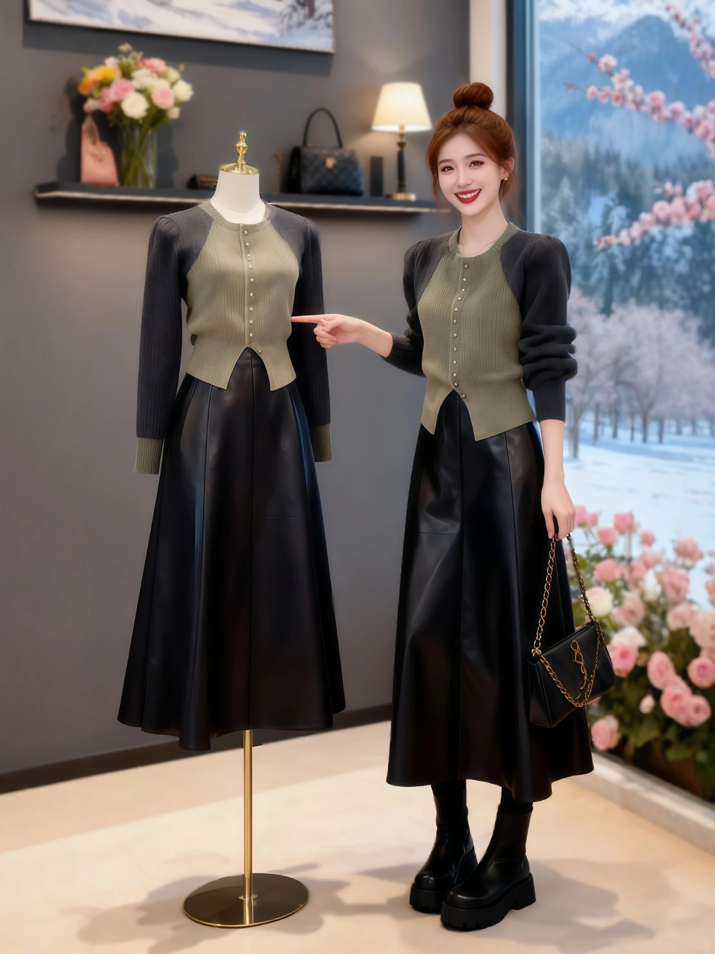 

Winter adient Color Knitted Sweater And Skirt Women's Faion Set Casual Loose Fit High Waist PU Leather Skirt