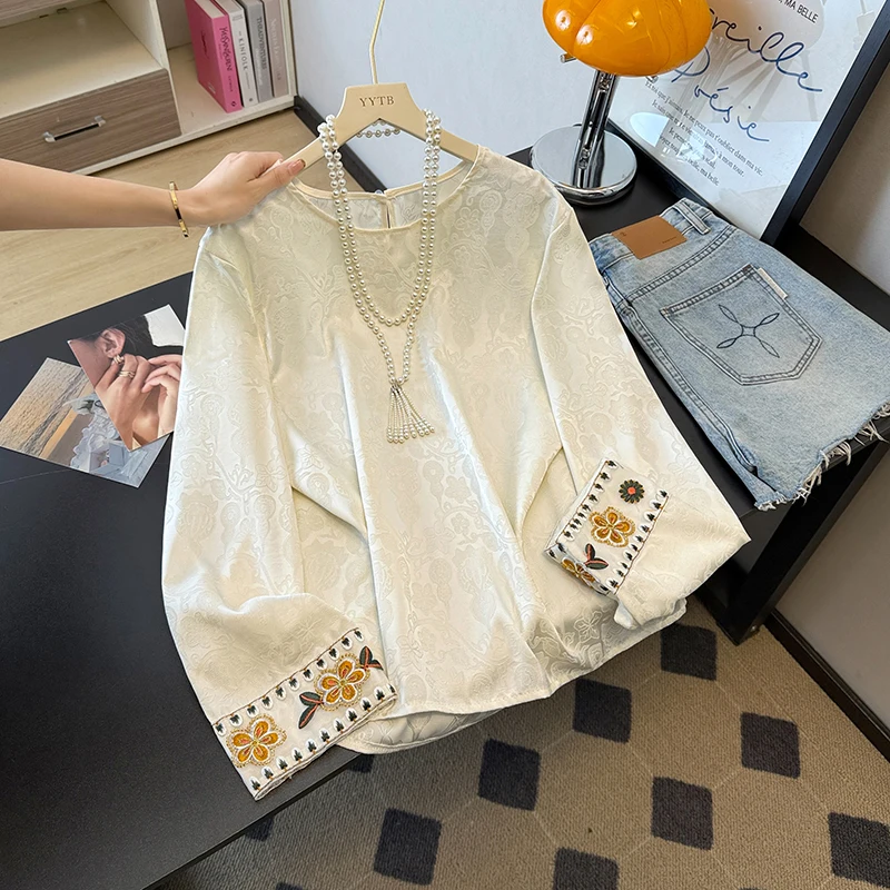 

plus Size Women's irt round Ne Overhead Acetate Satin Embroidered Spring Autumn New Sle Comfortable Fit Commute Faion