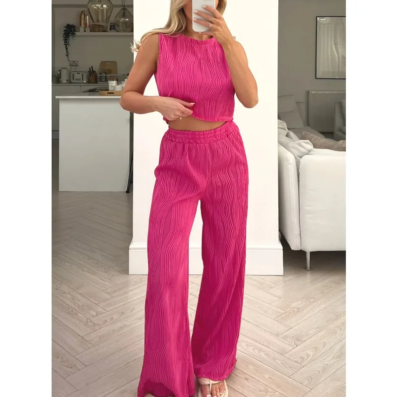 Casual Solid Water Wave Round Neck Loose Tank Top + Straight Leg Trouser Set for Women 2024 Summer Female Fashion Pants Outfits