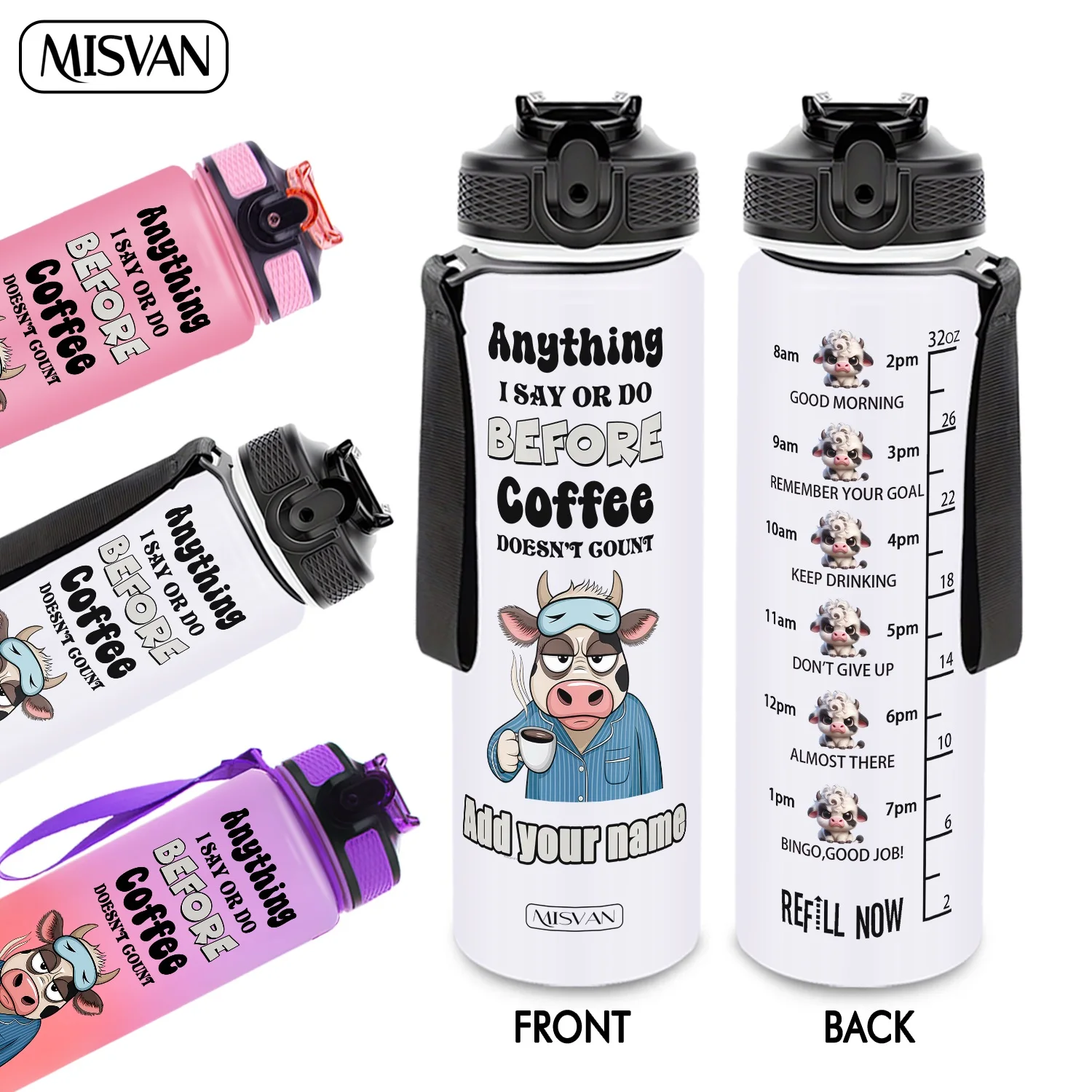 

1pC,Customization Name 32oz Water Bottle,Funny Cow Morning Coffee Print,Encourage Daily Hydration,for Gym Outdoor Cycling
