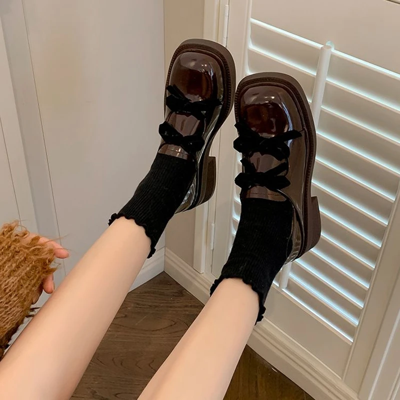 

Women's new leather cowhide round toe, butterfly bow, college style single shoe, thick sole, retro casual shoe