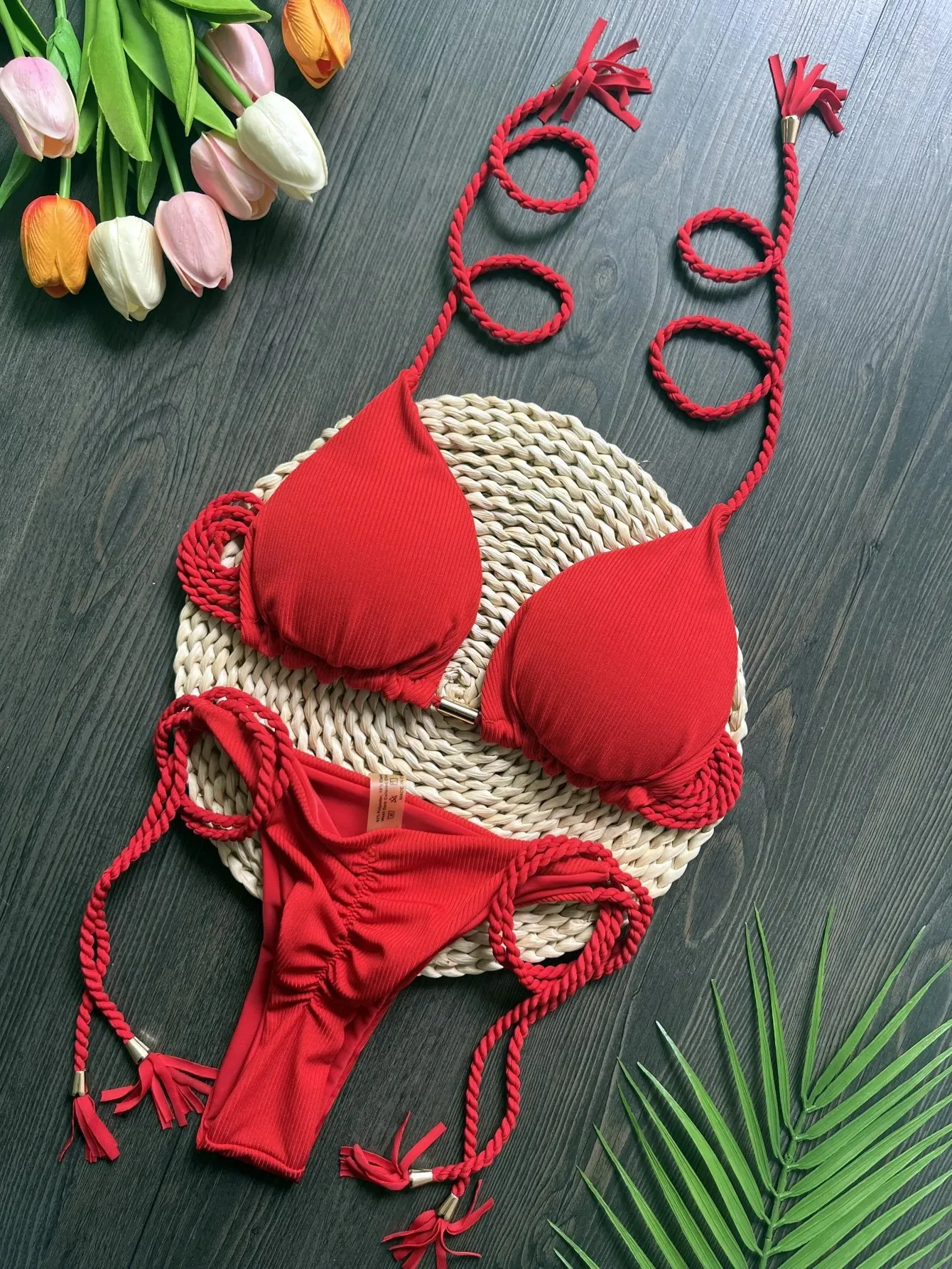 

2025 Sexy Women Swimsuit Braiding rope Bikini Set Two-piece Triangle Solid Swimwear Bathing Suit Brazilian Biquinis