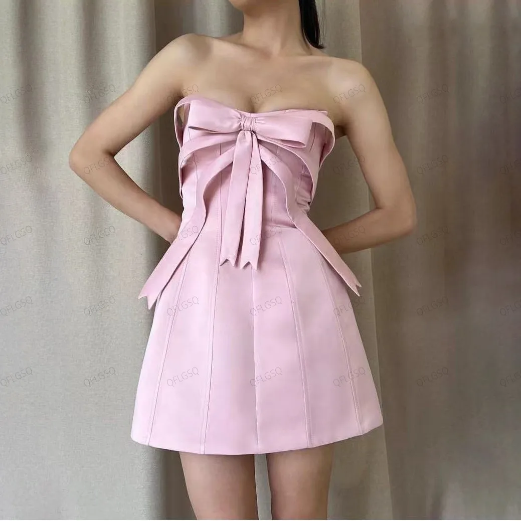 New Couture Women Dresses To Birthday Party White Strapless Off Shoulder Bow Mini Dress A line Girls Dress Short Sweetheart