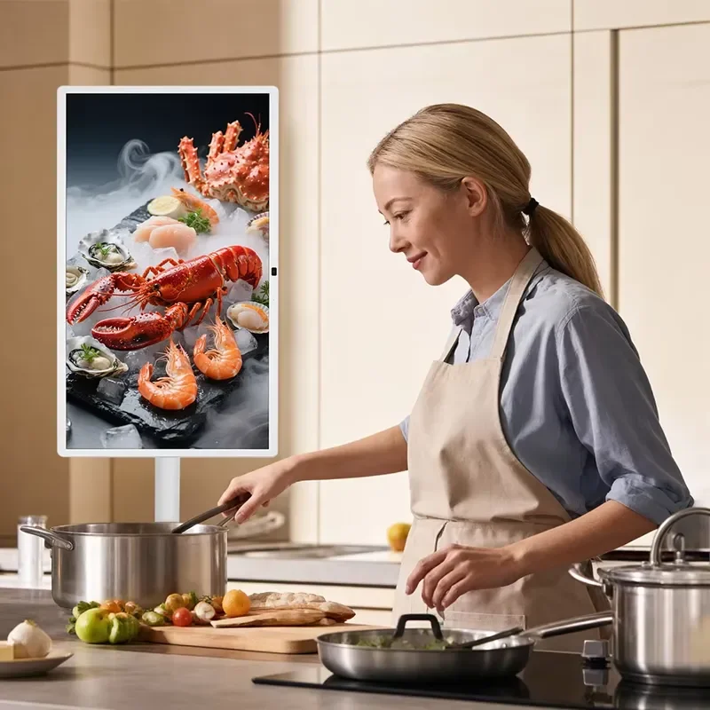 BOLRZO 32-Inch portable TV with scroll stand, Android 14 touchscreen smart TV with wheels, suitable for kitchen and living
