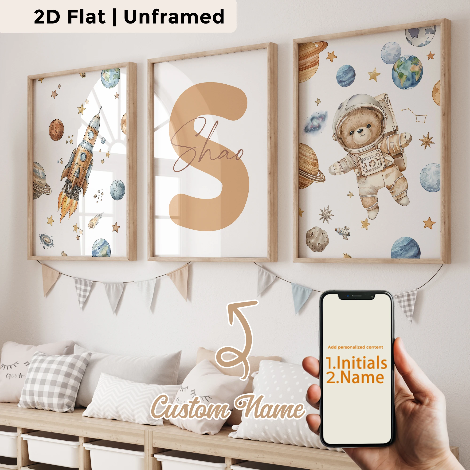 3pcs Personalized Custom Name Space Teddy Bear Wall Art Print Picture Canvas Poster Painting For Living Room Home Decor