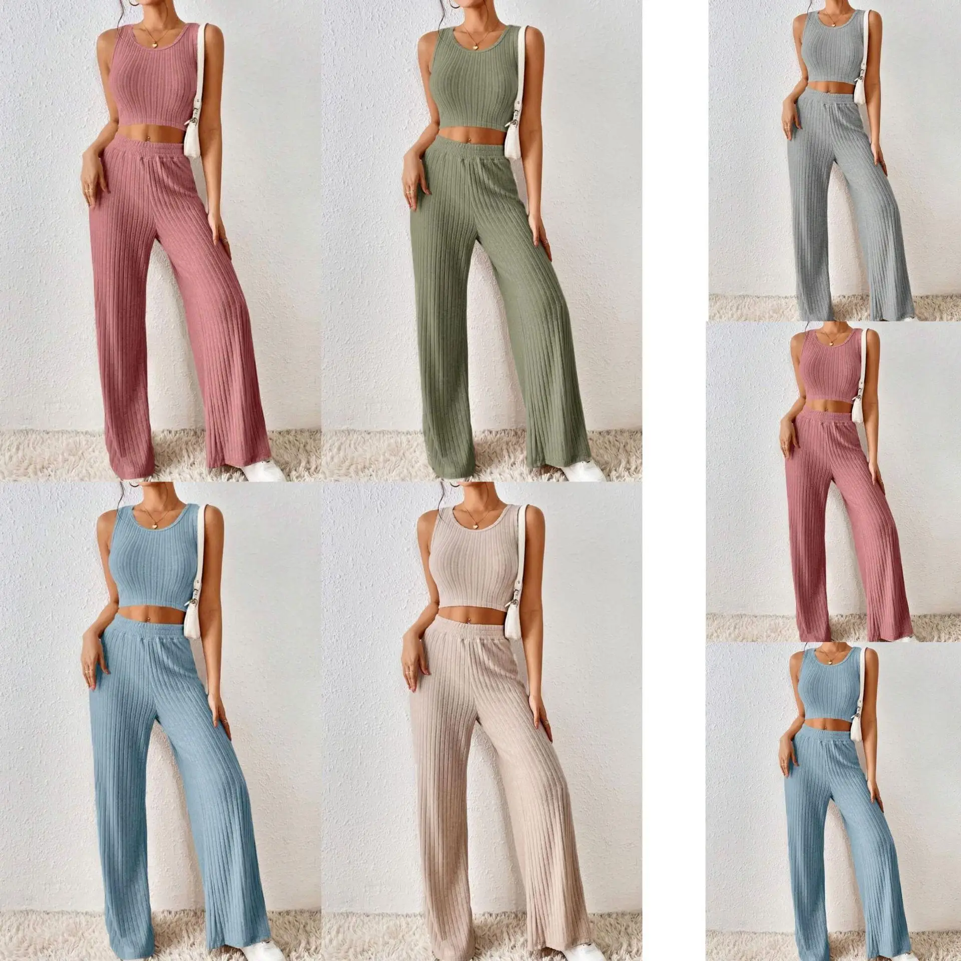 

Вязаный жилет и длинные брюки с высокой талией, женский модный комплект, летний сезонный цветной костюм-футболка без регистрации бренда