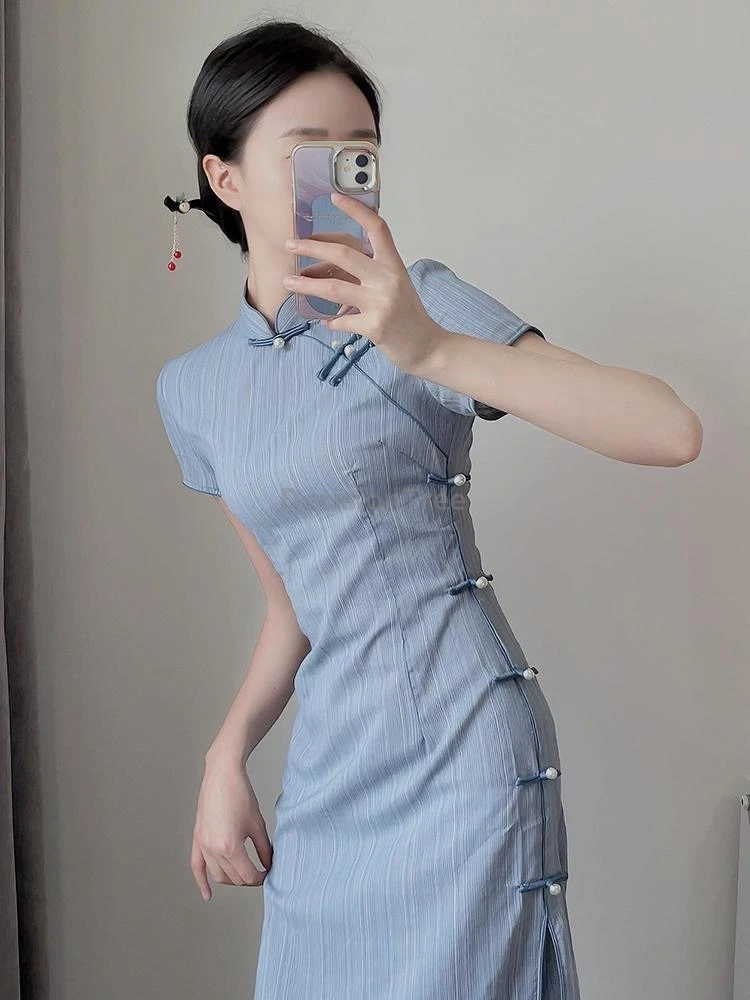 Elegant Chinese Blue Short Sleeve Buckle Stand Collar Cheongsam Summer Vintage Women Simple Daily Wear Slim Dress