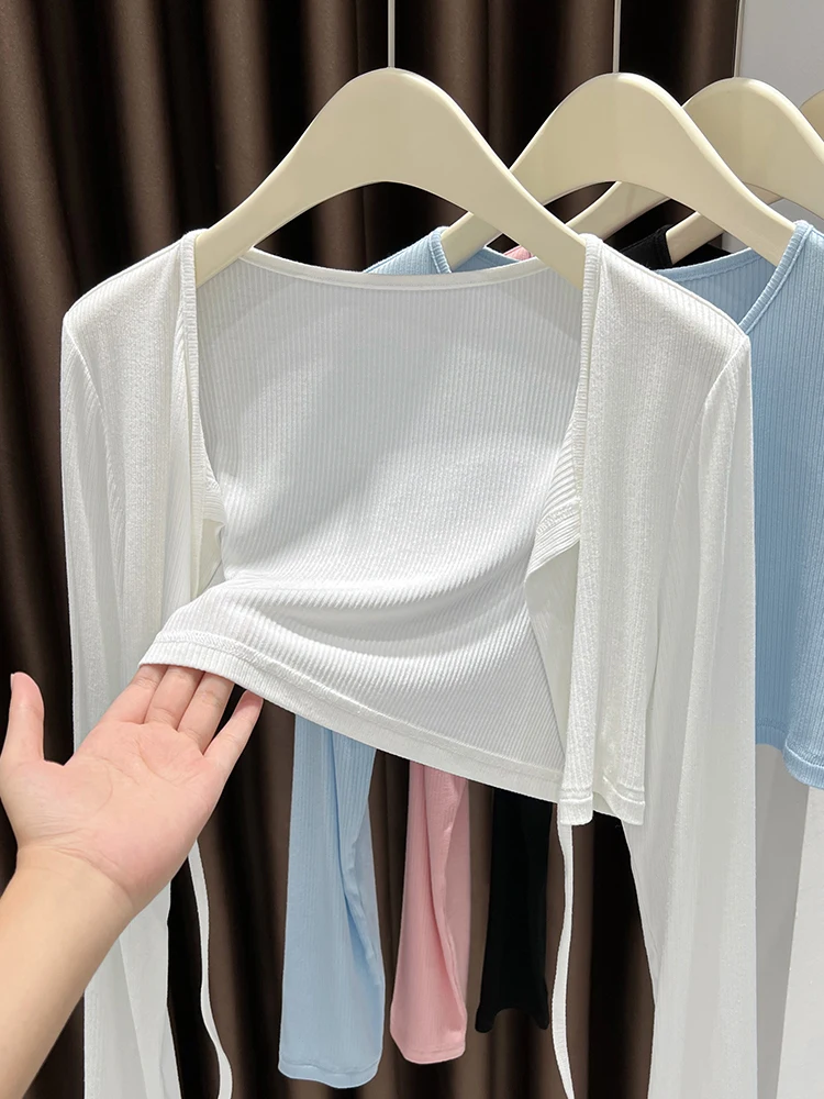 

Розовый солнцезащитный шил Кардиган Верхняя одежда Sweet Sle Slim Fit Long Sve round Ne ort Length с поясом Летняя новинка Ar...