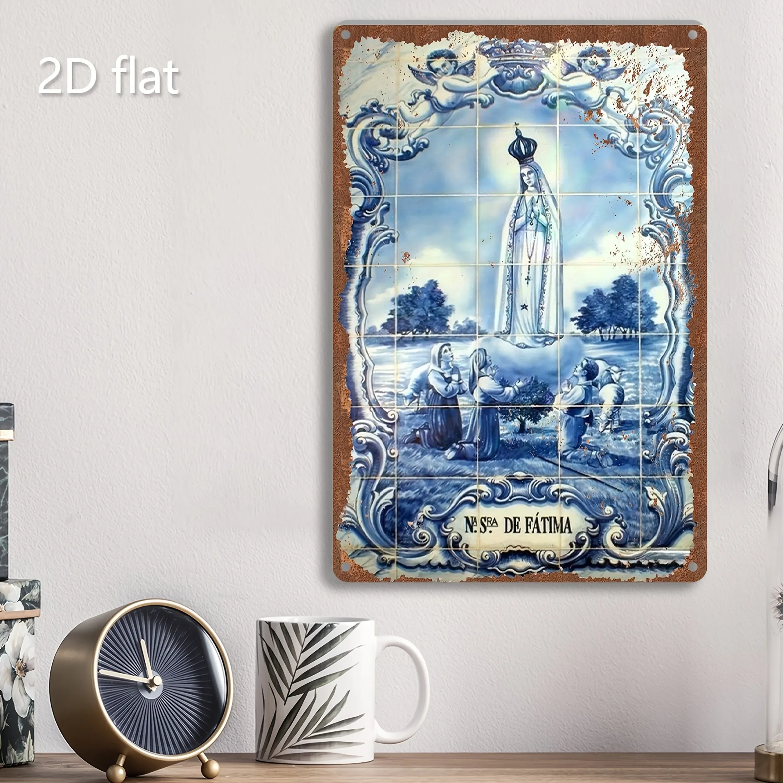 HD Tin Sign Our Lady of Fatima Vintage Wall Decor - Retro Portuguese Azulejo Style Virgin Mary Art Metal Tin Sign for Home Decor