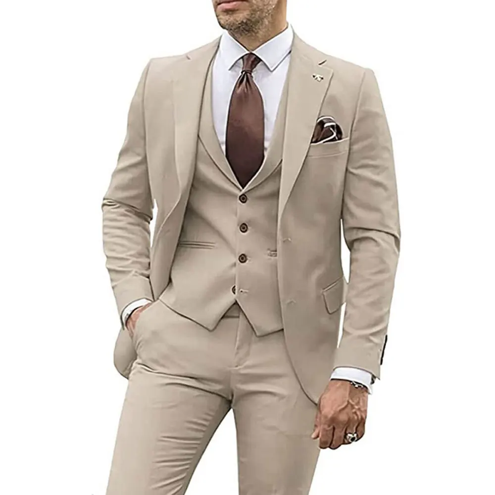 Smoking Slim Fit Groom para homens, ternos de casamento bege, melhor homem Groomsmen terno de festa formal, blazer masculino, DV067, 3 pcs