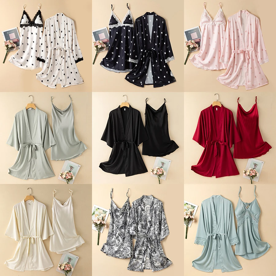 Female Nighty&Robe Set Print Flower Kimono Bathrobe Gown Sleepwear Gown Satin Loungewear Spring Summer Nightgown Home Dressing