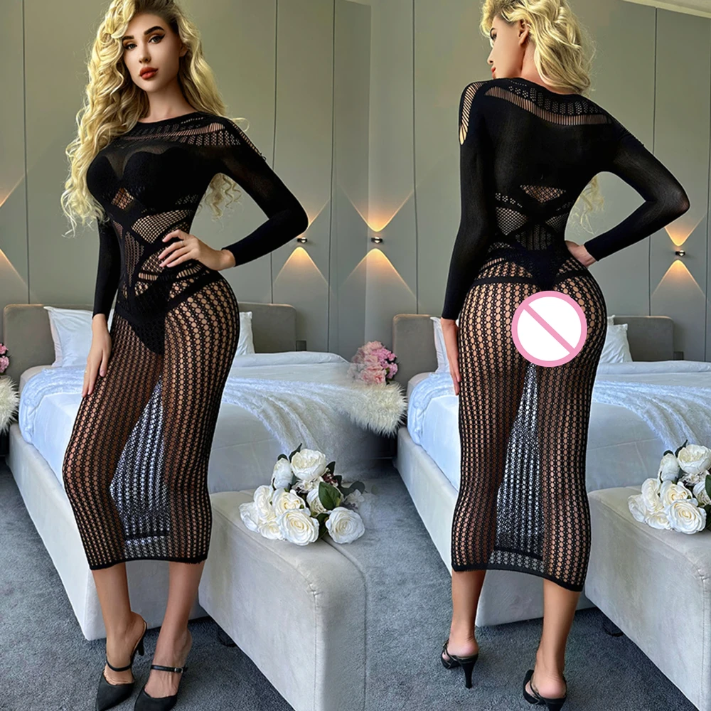 New Hot Sale Women\'s Fishnet Bodycon Beach Dress Erotic Mesh Hollow See Through Bodysuit Costume Sexy Tight Lingerie Nightdress