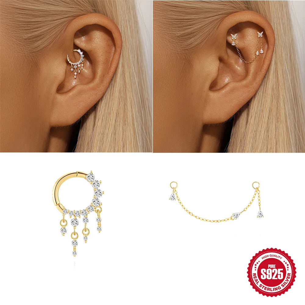 

BOAKO 925 Sterling Silver butterfly Zircon Tassel Chain Piercing Circle Earring For Woman DIY Match Fashion Dainty Fine jewelry