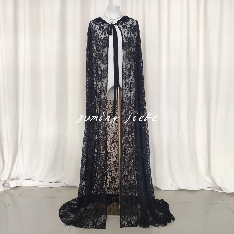 Black Long Shawl WIth Hood Lace Bridal Cape Wedding Cloak