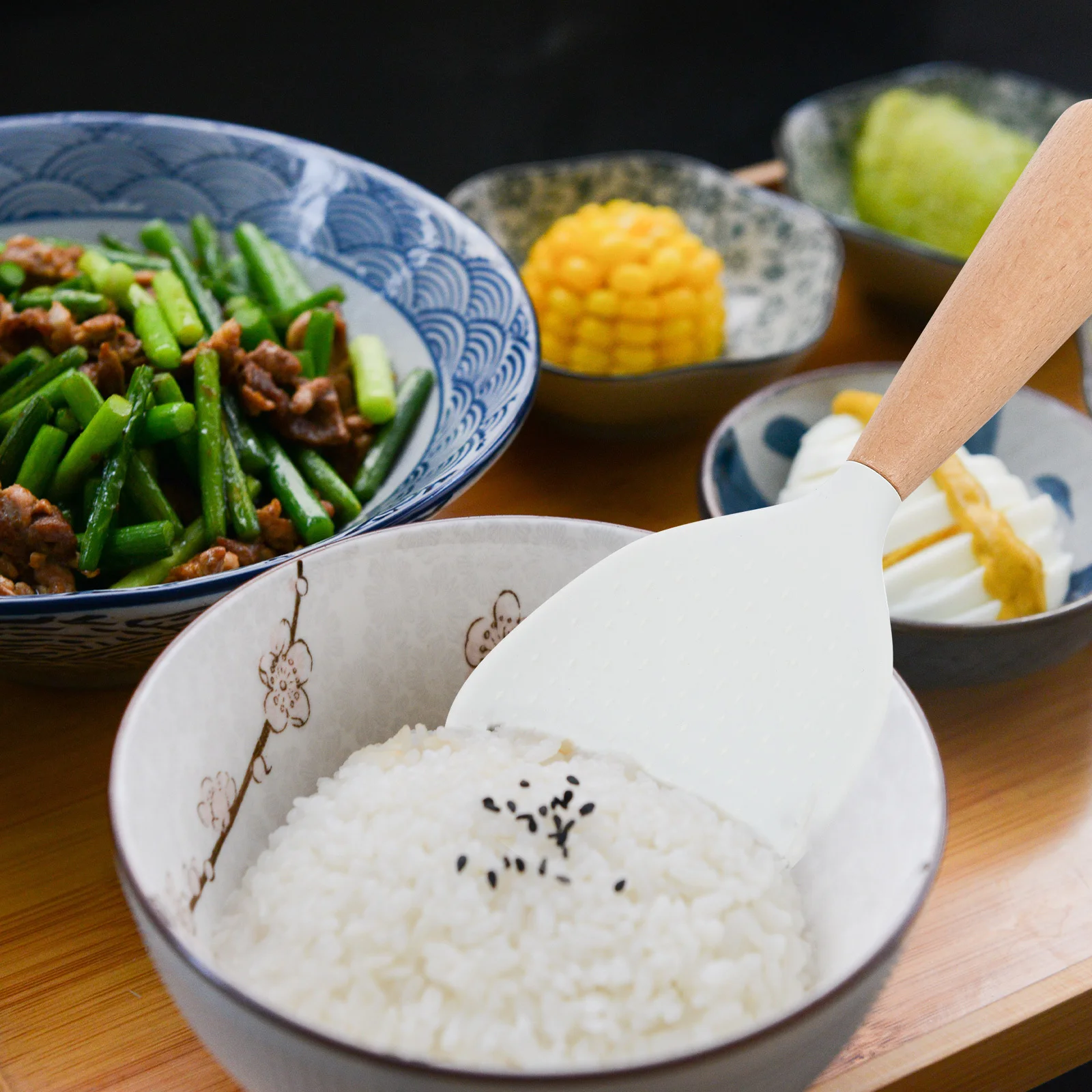 

2Pcs Silicone Rice Paddle Non Stick Heat Resistant Spoon with Wood Handle Self Standing Stable Rice Scoop for Cooking Serving