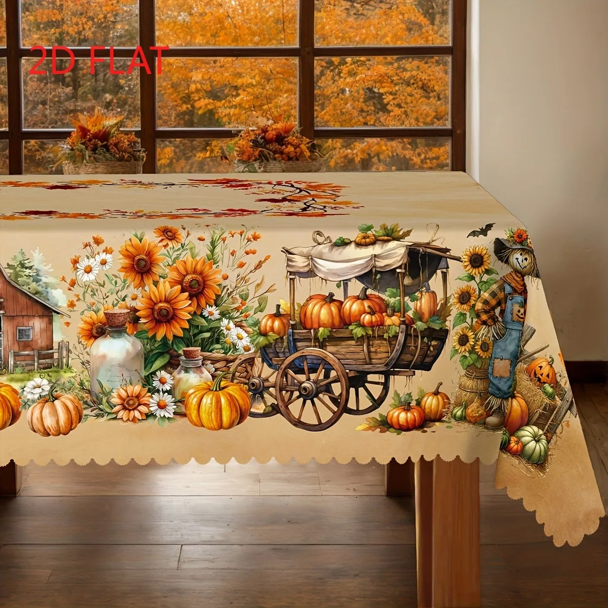 Tablecloth 1 piece 2d flat with patterns of pumpkin carriage, scarecrow, sunflower and farmhousezyc