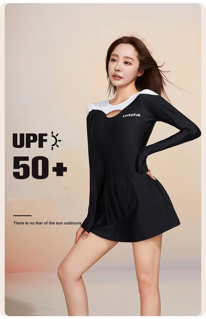 

Women Professional Long Sleeve Outdoor Water Sports Bathing Swim Skirts UPF50+One Piece Sexy Athletic Beach Surfing SwimWear