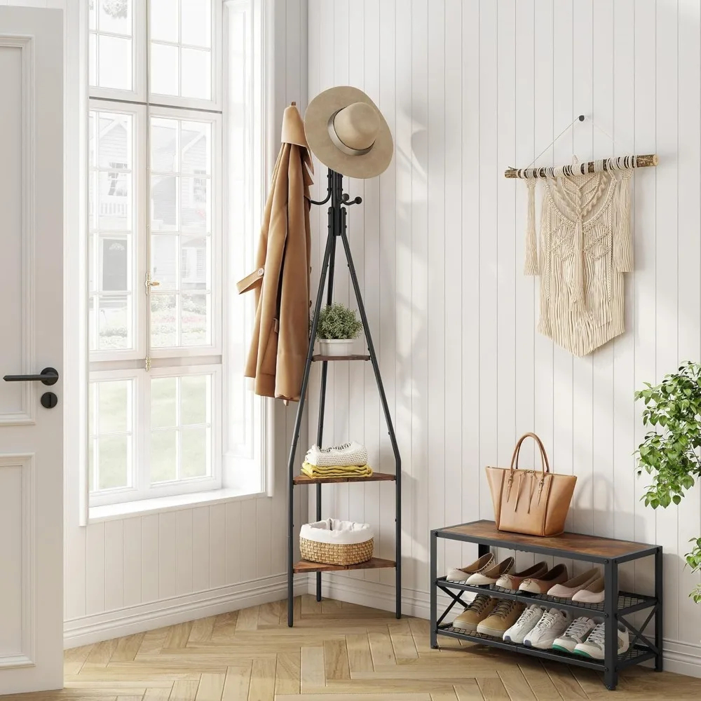 رف معطف قائم بذاته من 3 طبقات على الطراز الصناعي مع خطافات ورف #3