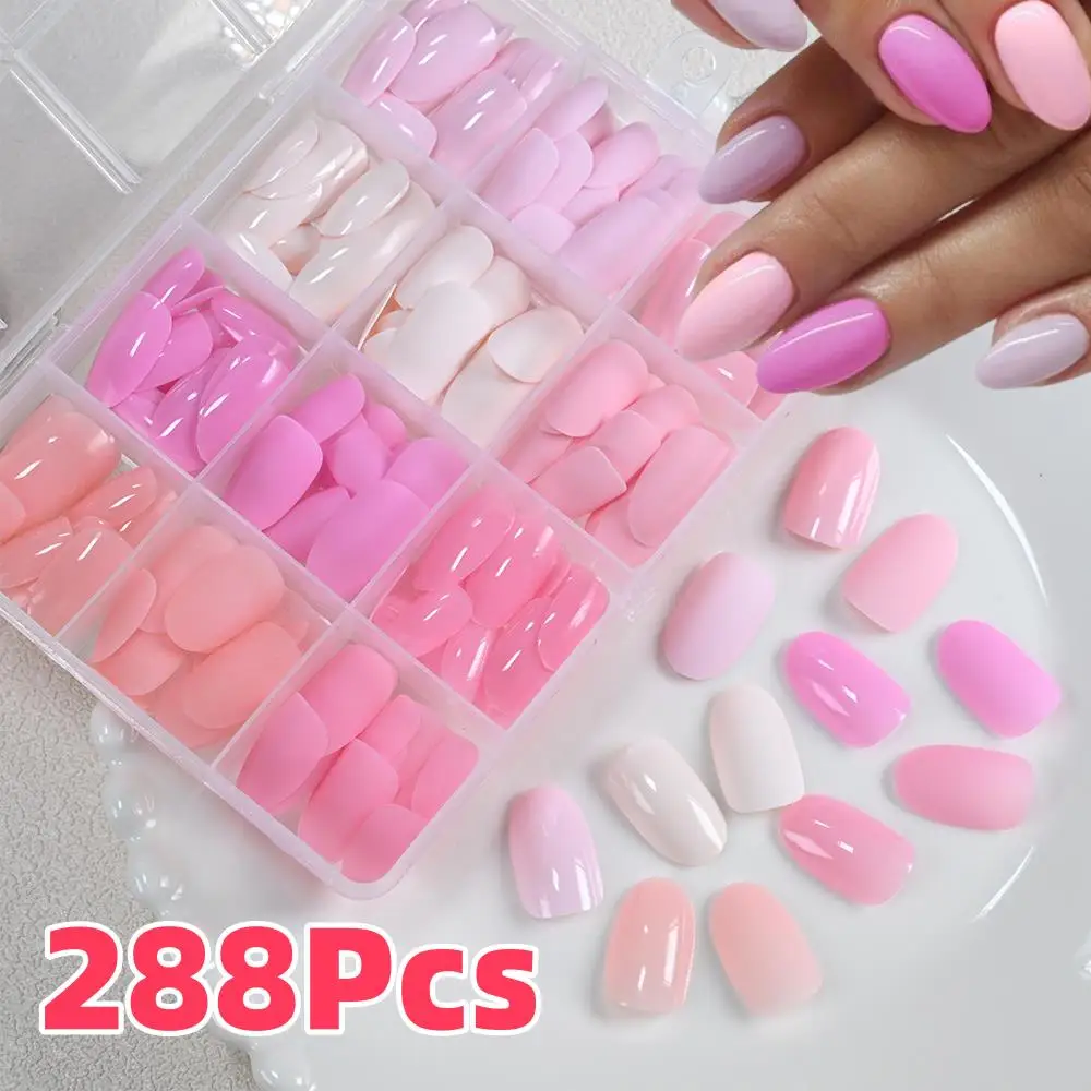 288 Stück/Box Glänzende & Matte Rosa Nude Beige Künstliche Nägel Mittellange Mandel-Form Aufklebenägel Vollständige Abdeckung Falsche Fingertippen für Frauen Tägliches Tragen