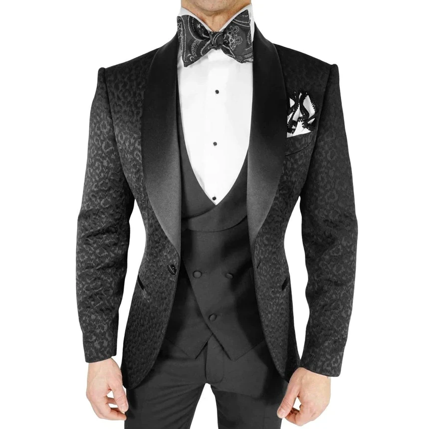 

Luxury Black Leopard Suits For Men Slim Fit 3 Piece Jacket Vest Pants Set For Groom Wedding Prom Tuxedos Formal Banquet Blazer