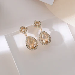 Vintage Waterdrop Champagne Crystal Rhinestone Clip on Earrings for Women No Piercing Femininity Wedding Party Jewelry Gift