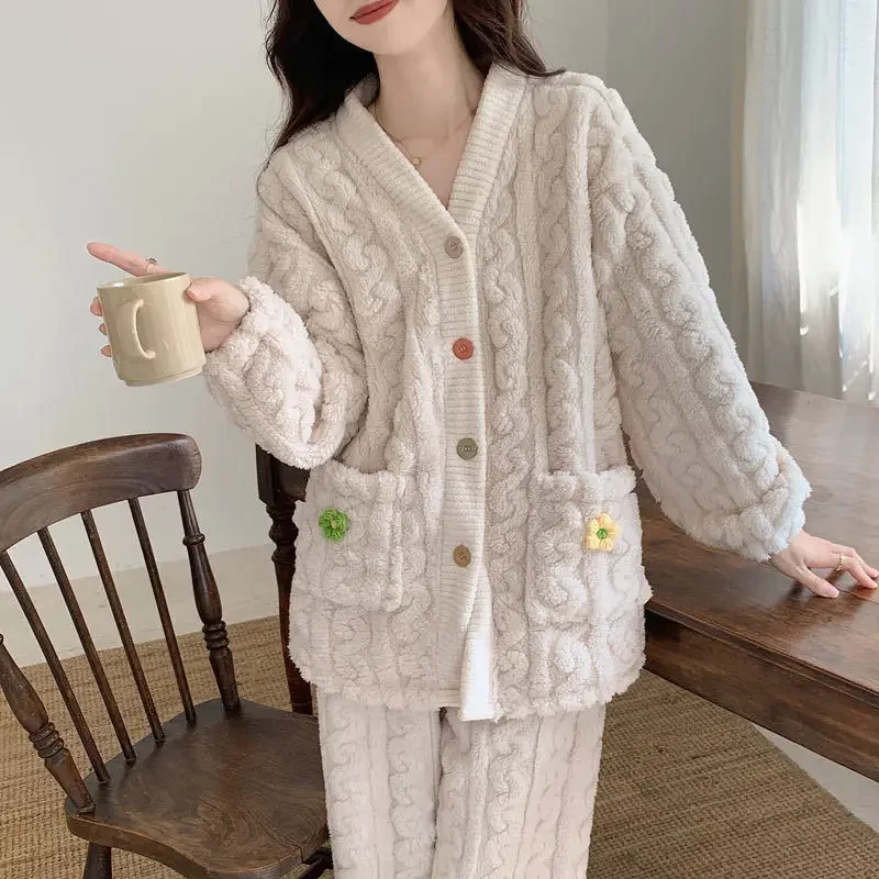

Thickened Cotton Fleece Open Cardigan Nightgown Women's Warm Home Clothes Set Sweet Little Flower Patterned Comfortable Leisu...