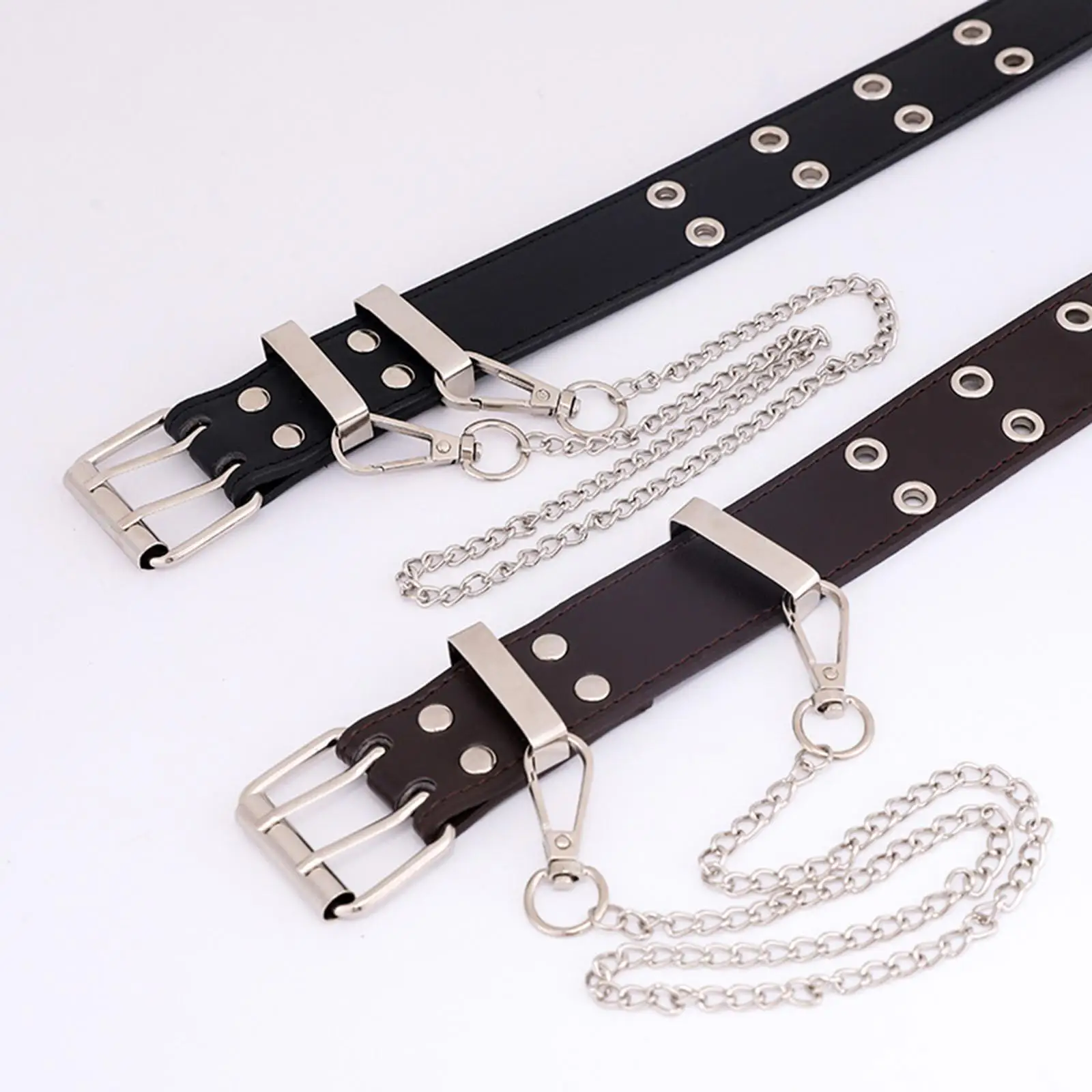 Womens Leather Belt Double Grommet Gothic Waist Strap with Metal Chain Wide Waistband Pin Buckle for Pants Dress Party