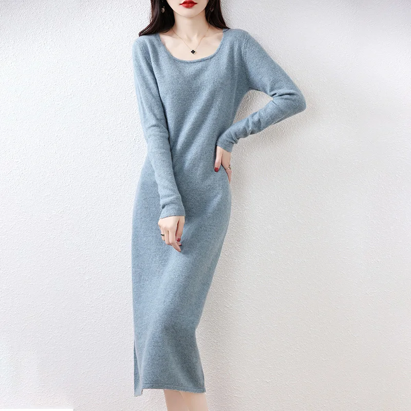 Hot Sale Women 100% Merino Wool Sweater Dress 2023 Autumn/Winter New Female O-Neck Warm Long Dresses Casual Knitted Pullover